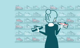 Illustration of a lady choosing shoes in a shop